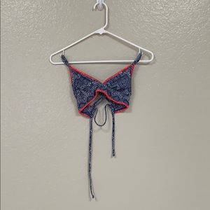 Blue and white bikini with pink trim